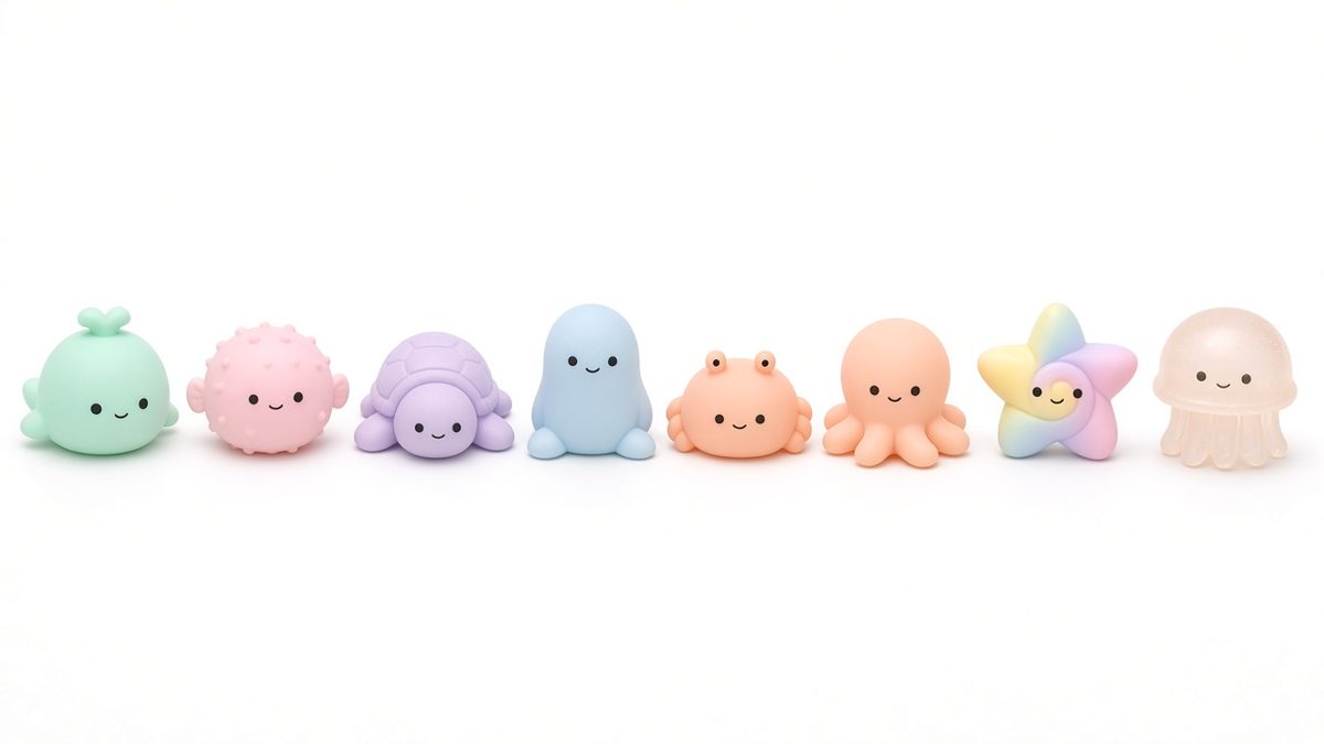 A row of pastel squishy sea-creature friends: whale, puffer fish, turtle, seal, crab, octopus, star and jellyfish